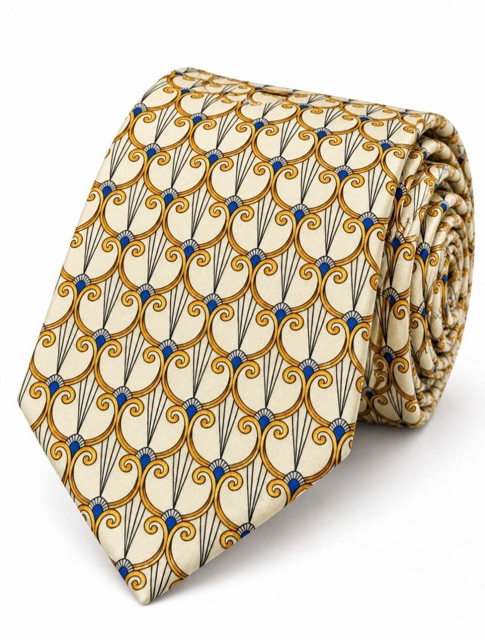 Carlo Palazzi Couture 100% Silk Tie Ivory Gold Blue Art Deco Geometric